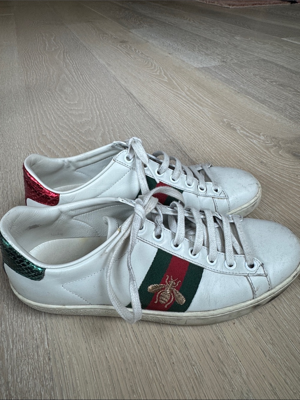 Gucci White Leather Sneakers with Red & Green Stripes and Bee